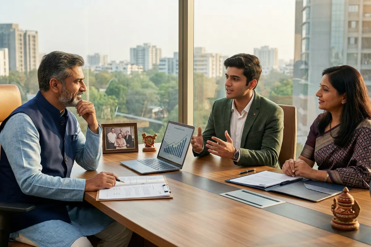 Business family and next-generation professionals in a collaborative discussion