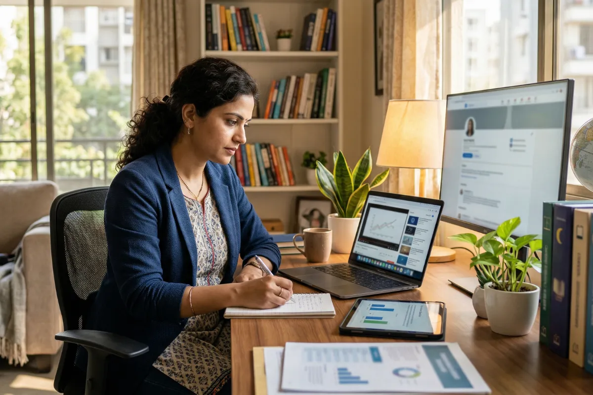Person studying on a laptop with a flexible online learning setup